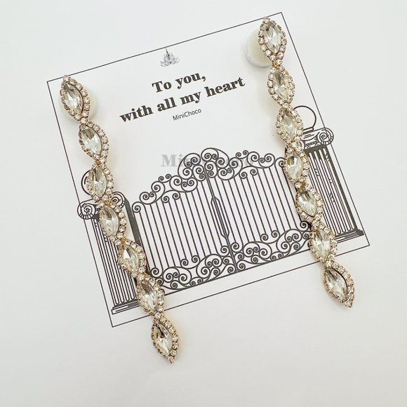 Gold Tone Rhinestone Oval Crystal Dangle Earrings - Picture 3 of 8